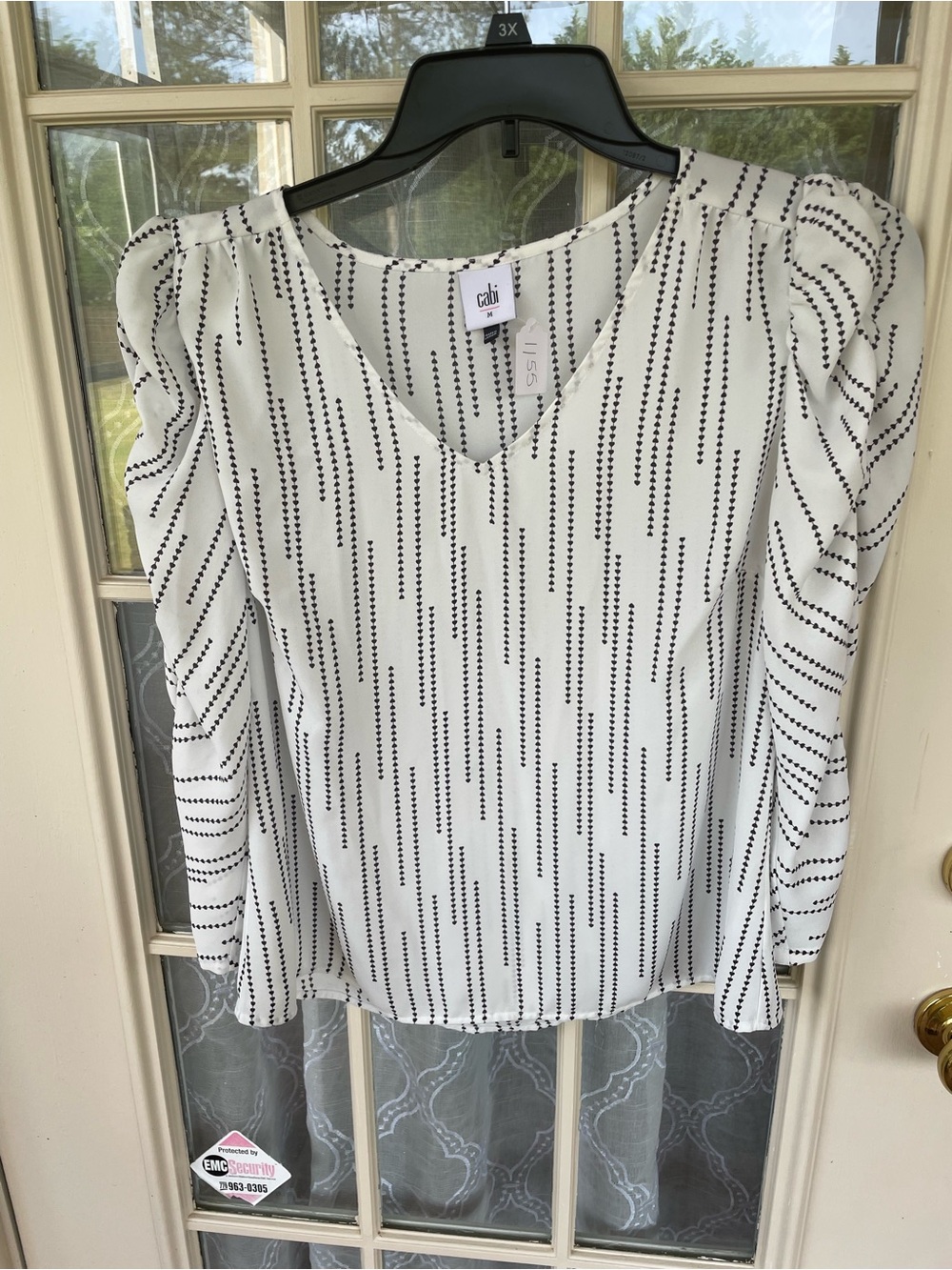 Cabi Heart Print Blouse Medium White Black Ruffle Sleeve V Neck Romantic Top